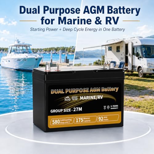 Image of Weize Dual Purpose AGM Battery BCI Group 27M, 175RC 580CCA 12V 92AH Starter & Deep Cycle Sealed Marine & RV Battery
