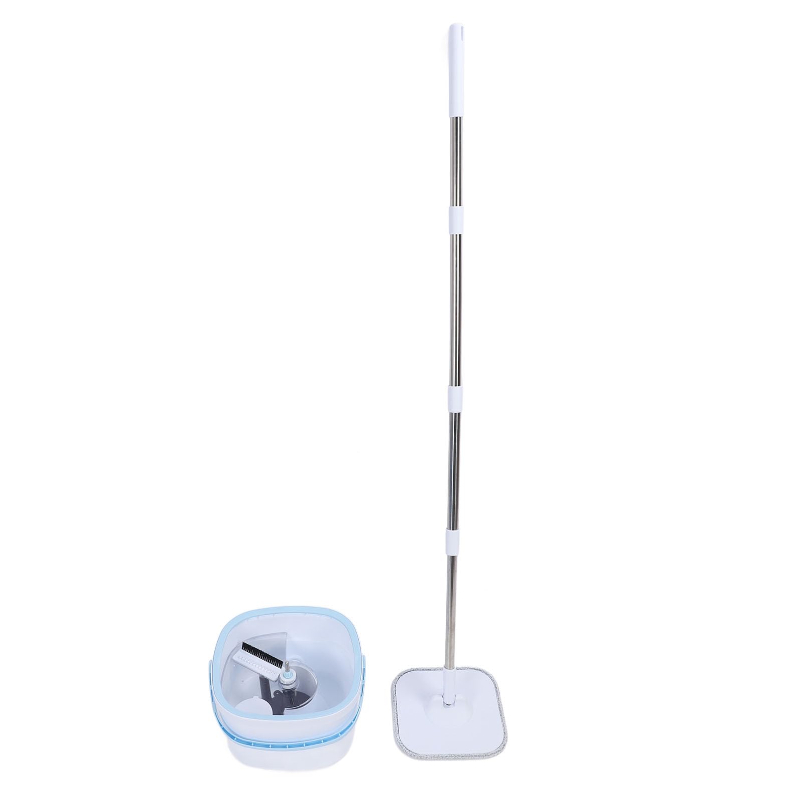 Bewinner Juego de Cubo y Fregona Giratoria Autoseparante, de Agua Limpia y Sucia de 2,5 L, Fregona Cuadrada Giratoria de 360°, Ajustable de Acero Inoxidable de 102-128 Cm, Limpiador de Suelos de