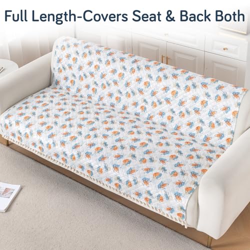 Image of HOKIPO Abstract Petals Quilted Sofa Cover for 3 Seater with Tassels for Seat & Back, 'Tassel Twigs' Series (IN-991-T10)