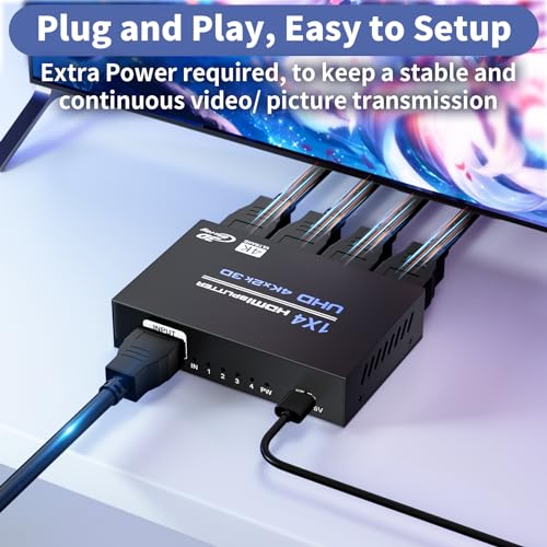 Image of HDMI Splitter 1 in 4 Out 4K@30Hz, Powered 1x4 HDMI Video Splitter 4 Ports with Power Cord, Duplicate /Mirror Screen, Supports UltralHD 3D 1080P HDCP 1.4 for HDTV, STB, DVD, PS5 /4 /3, Projector, Etc