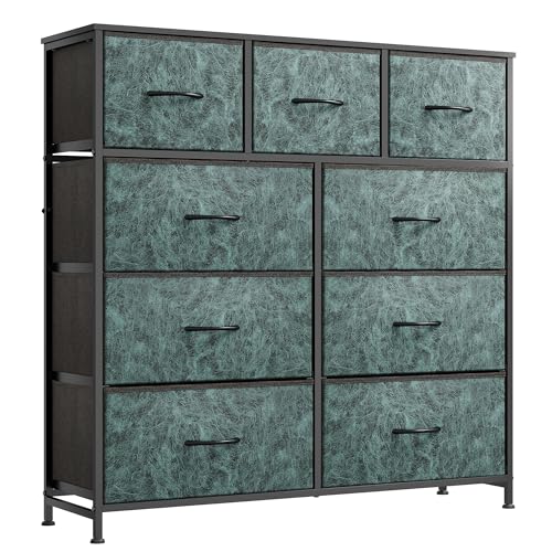 Image of WLIVE 9 Drawer Dresser, Fabric Storage Tower for Bedroom, Hallway, Closet, Tall Chest Organizer Unit for Bedroom with Fabric Bins, Steel Frame, Wood Top, Easy Pull Handle, Vintage Green