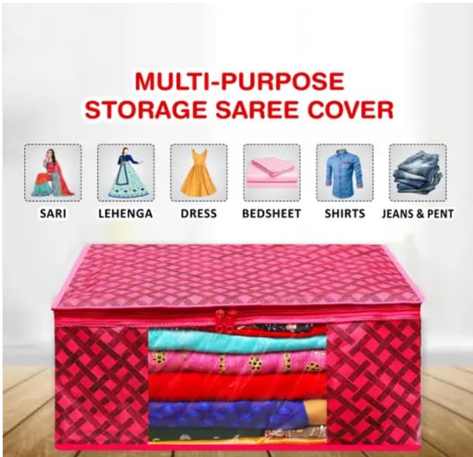 Image of Saree Organizer For Wardrobe - Foldable Saree Covers With Zip, Multipurpose Storage Bag For Suit, Lehanga, Dress Packing With Transparent Window, Pack of 2
