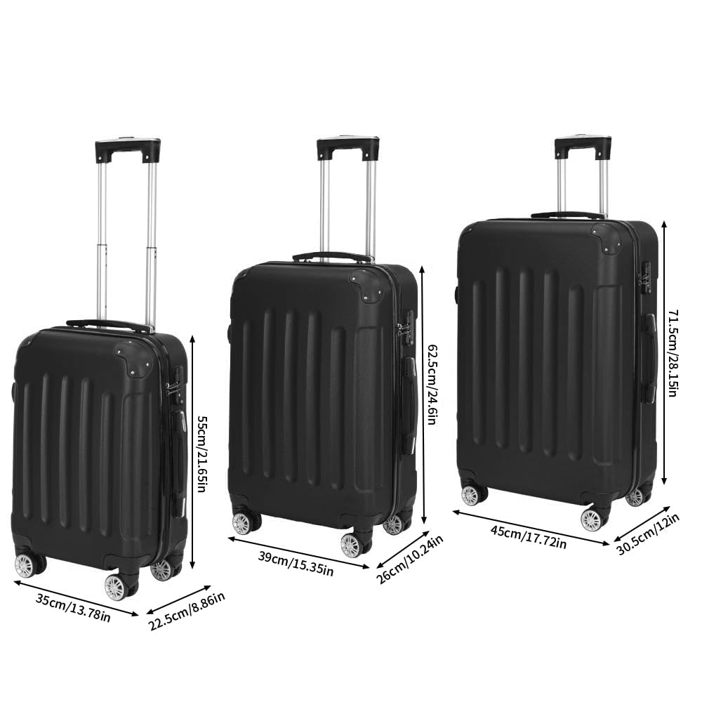 Valigia Rigida 3 Pezzi Set Trolley Bagaglio A Ruote Set Di Valigie In ABS Con Protezione Degli Angoli Trolley Con Manico Telescopico Bagaglio A Mano 4 Ruote M L XL (Nero)