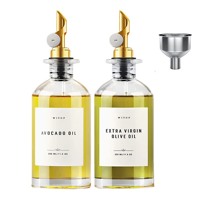 2 Pack Glass Olive Oil Dispenser Bottle,Coffee Syrup Dispenser w. Weighted Pourer, Oil and Vinegar Dispenser set with Labels Funnel, Glass Olive Bottle,Oil Container Bottles for Kitchen