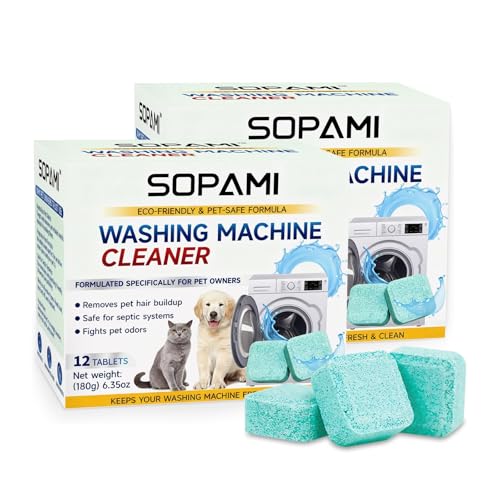 SOPAMI Washing Machine Cleaner Tablets 24-Pack (12 Month Supply) for HE/Top/Front Load Washers - Removes Stubborn Pet Hair, Odors, Mold & Residue, Septic Safe & Fragrance Free