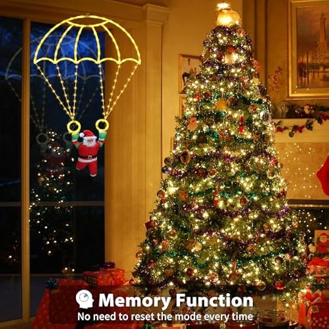 Toodour Christmas Decorations Lights Outdoor, 2.8FT Christmas Parachute Lights with Santa Claus, Waterproof 8 Modes Hanging Warm White Xmas Light - Holiday Decorative Light for Indoor Eave Roof