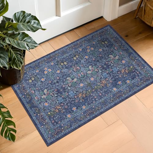 Image of Navy Blue Washable 2x3 Entry Rug - Small Front Door Mats Indoor, Non-Slip Boho Bathroom Rugs, Vintage Dark Decor for Kitchen, Entryway