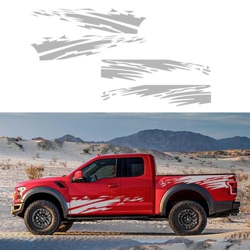 Image of (4PCS) Striped Truck Sticker Bed Mud Splash Kit Racing Striped Rear Lathe Decal Vinyl Trim Accessories Waterproof Door Body Side Decal Trim for Truck Pickup SUV Vehicles (Gray)