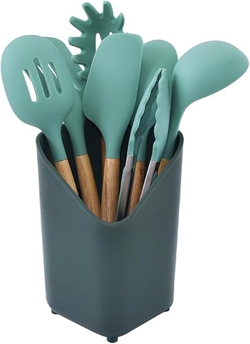 Miniatura 7 de Glad Juego de utensilios de cocina de silicona, 8 piezas, herramientas de cocina antiadherentes con asas de madera y soporte para utensilios, juego