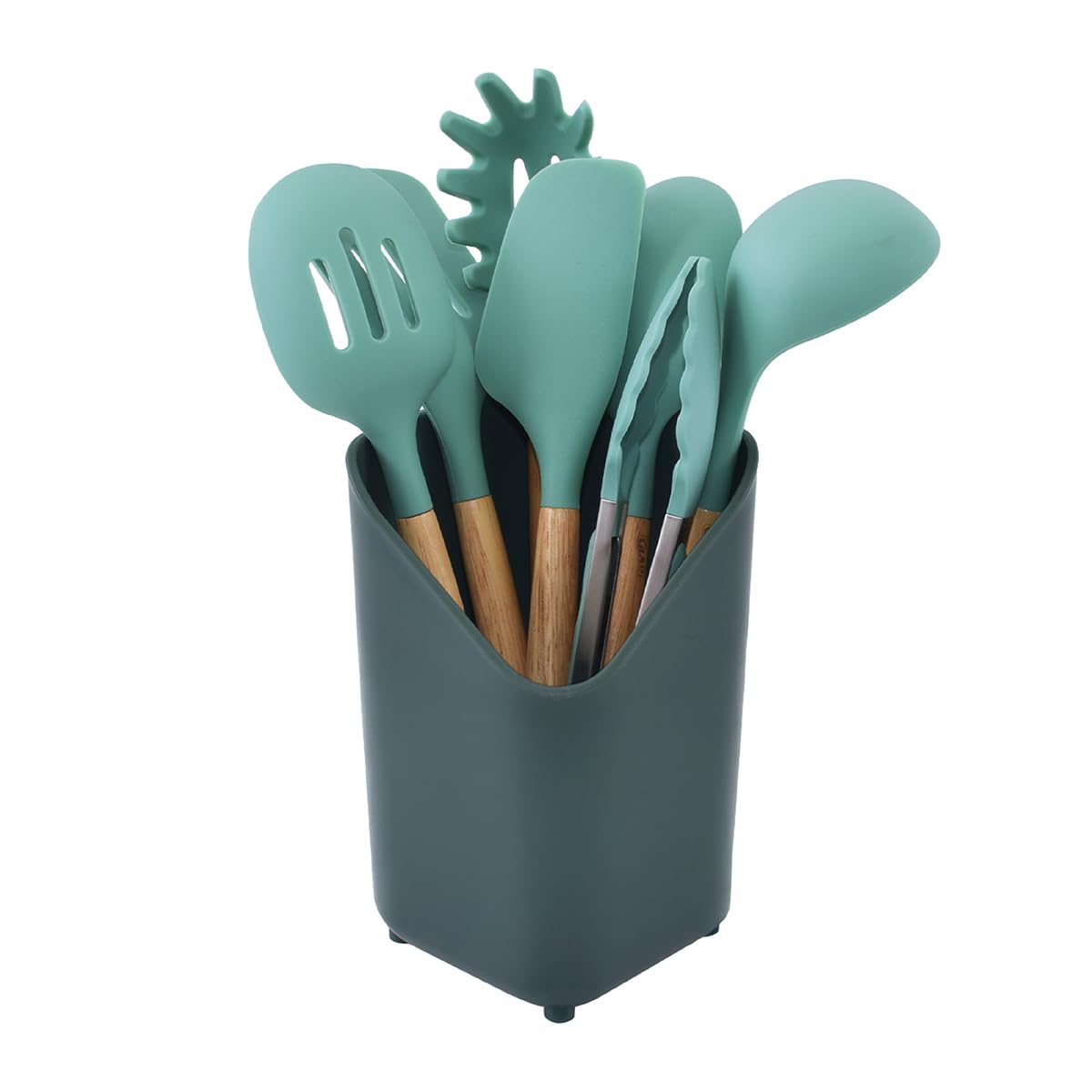 Glad Silicone Kitchen Utensils Set, 8pcs - Nonstick Cooking Tools with Wooden Handles and Utensil Holder - Spatula Set with Turner, Ladle, Spoons, Tongs, and Spaghetti Server - Teal Green