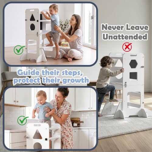 Image of Toddler Standing Tower Anti-Tip Wooden Kitchen Step Stool Helper，White