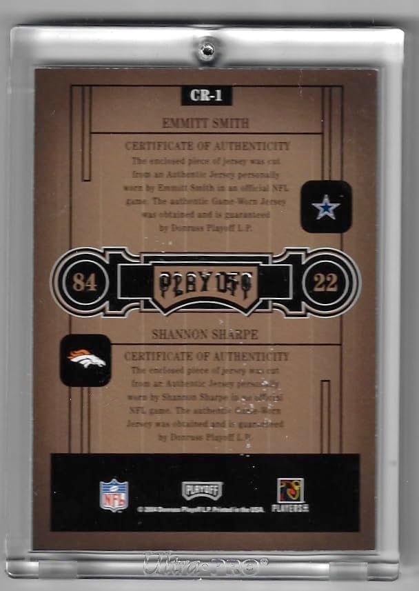 Shannon Sharpe & Emmitt Smith Serial Numbered 028/150 Class Reunion Draft Class of 1990 Game Used Jersey Relic Memoarblia Collectible Football Card - 2004 Playoff Honors Football Card #CR-1 (Broncos & Cowboys) Ships in Screw Down Case