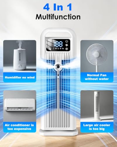 Image of Portable Air Conditioner, 4 in 1 Evaporative Air Cooler with Remote Control, 1200ML Water Tank, 120 Oscillating, 4 Speeds, 12H Timer, Mist Spray Tower Fan for Home Office, White