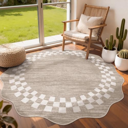 GarveeHome 6ft Scalloped Washable Round Rug for Living Room Bedroom