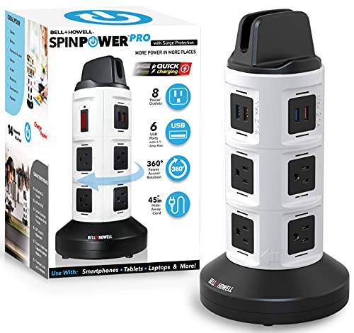 Photo 1 of Spin Power Deluxe by Bell+Howell Power Strip Tower with Surge Protector Electric Charging Station USB Outlet Extender Power Bar 8 Outlets 6 USB Ports 45" Retractable Cord 360 Degrees Swivel Design