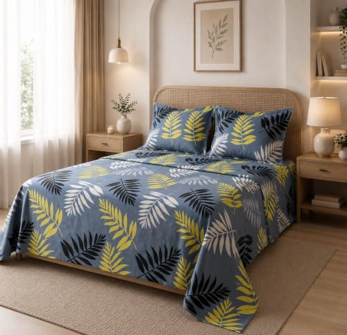 Image of HOMEKART Glace Cotton 160 TC Leaf Printed Double Bedsheet with 2 King Size Pillow Covers | Soft & Durable | 86 x 88Inches (Grey & Yellow)