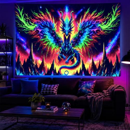 Image of BlissYard Blacklight Dragon Tapestry 78x59 Inch UV Reactive Colorful Dragon Wall Cool Evil-Dragon Tapestry Glow In The Dark Black Light Posters Wall Hanging Bedroom Dorm Living Room Backdrop Decor