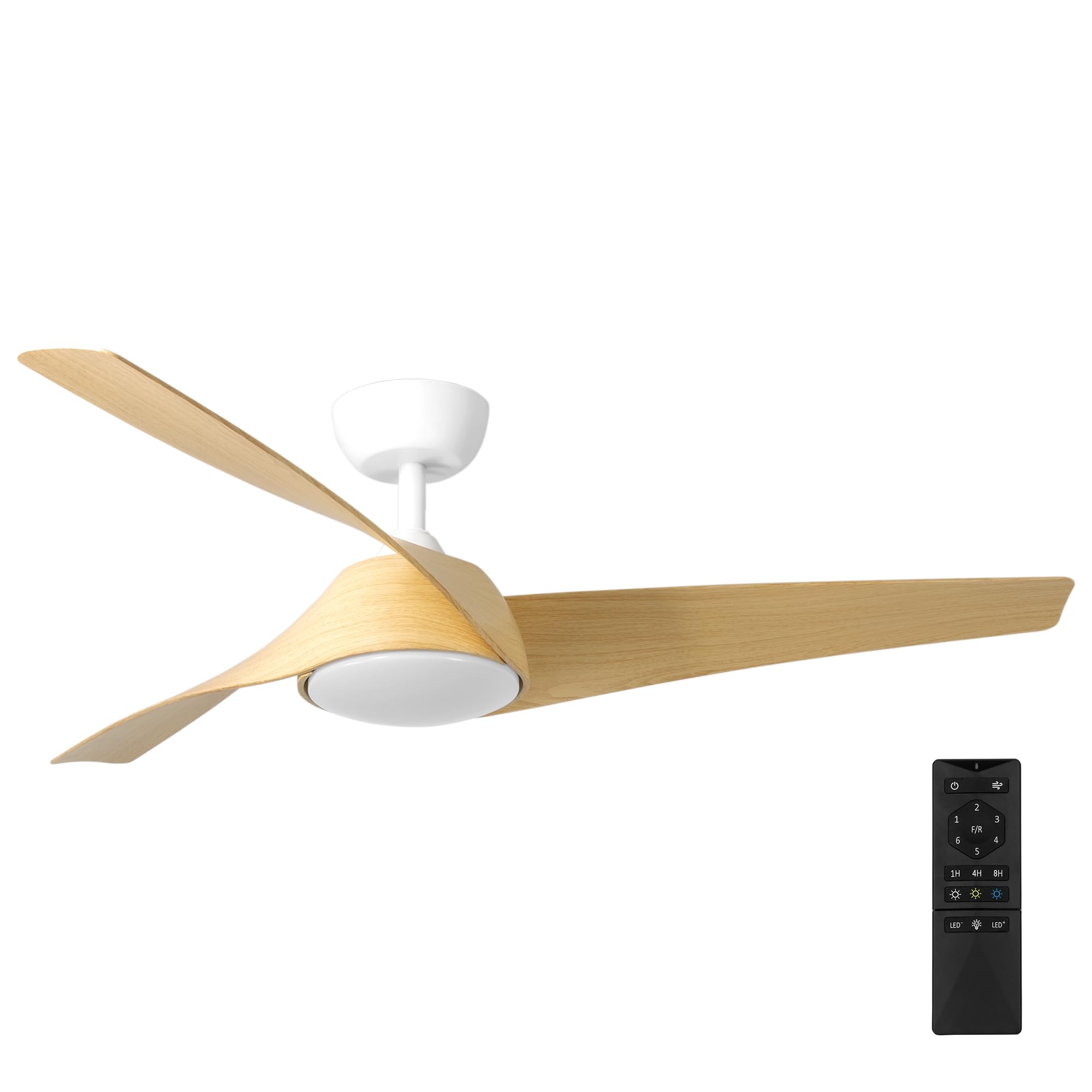 Zelha Ventilador Techo Blanco/Efecto Madera. Luz Led 24W Neutra/Cálida/Extra Cálida. Motor DC. 3 Aspas ABS Ø132cm. Verano/Invierno. 6 Velocidades. Control Remoto Temporizador. Silencioso. Brisa