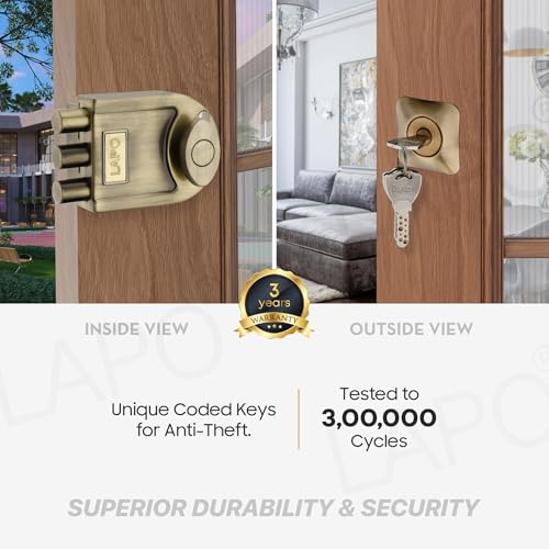 Image of LAPO Antique Brass Tri-Bolt Lock for Main Door, Deadbolt Security Lock for Wooden Doors, Fixed Cylinder Design with 4 Brass Keys, Suitable for Inside & Outside Opening, Stylish Heavy-Duty Door Lock