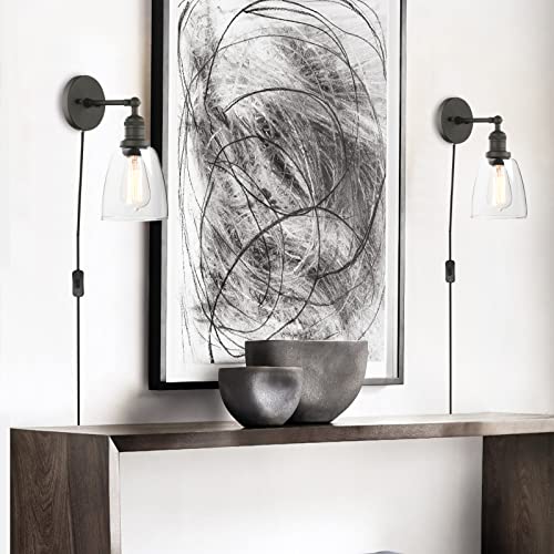 Image of Phansthy Bathroom Vanity Light Matte Black Plug in Wall Sconce with 5.5 Inch Clear Glass Light Shade (Black, Bell Glass Shade)
