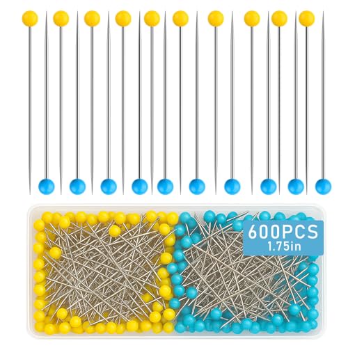 600 PCS Straight Pins 1.75IN Quilting Pins Long Yellow and Blue Glass Head Sewing Pins for Fabric Stainless Steel Dressmaker for Sewing Crafts Jewelry Making DIY