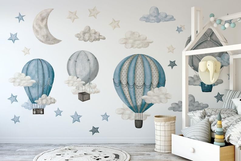 BelleImpression Hot Air Balloon Wall Stickers for Nursery Wall Decor Removable Wall Decal Cloud Stickers for Kids Bedroom Living Room
