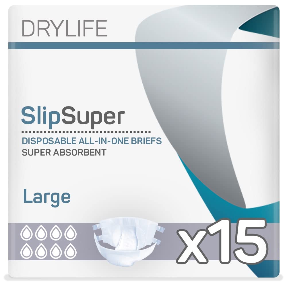 Drylife Slip Super Disposable All-in-One Unisex Incontinence Briefs - PE Plastic Backed, Fast Absorption, Anti-Leak Protection, Odour Control & Moisture Indicator - Large (1 Pack of 15)