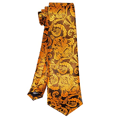 Roberto Gabbani Mens Gold Paisley Tie Pocket Square Cufflinks Clip Set, Silk Woven Necktie With Handkerchief Clip #TOP1