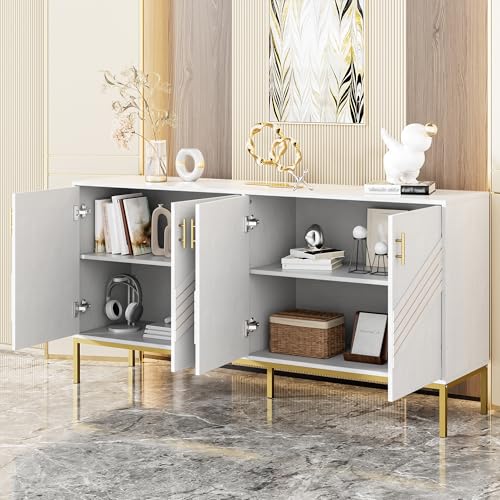 ZKLOEP Aparador de 4 puertas con estructura de MDF con patas de metal, gran capacidad, estantes ajustables en altura, elegante diseño en blanco y dorado, para salón, comedor y pasillo, color blanco