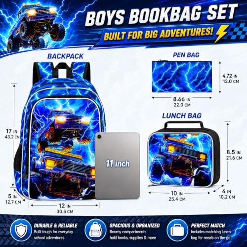 Image of 17 inch Truck Backpack, Boys Lightning Kids Bookbag with Lunch Box, 3Pcs School Backpacks for Elementary Preschool Kindergarten (Blue)