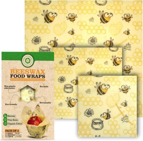 PURE & SUSTAINABLE COMPANY Beeswax Wraps - Food Storage -Pack of 3– Sustainable – Reusable - Organic Cotton Size S,M,L (Bees Print)