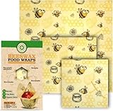 Pure & Sustainable Company® Beeswax Wraps – 3 Pack Reusable Food Storage (8x8, 11x11, 14x14) – Eco Friendly Plastic Wrap Alternative – Washable, Zero Waste – Bee Pattern