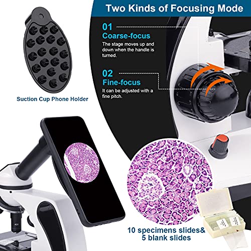 Monocular Microscope For Adults Students,40X-2000X Magnification,Dual Led Illumination Beginners Microscopes With Science Kits,Phone Adapter,Carrying Case,Ac Adapter,15 Slides For Lab Class Study #TOP4