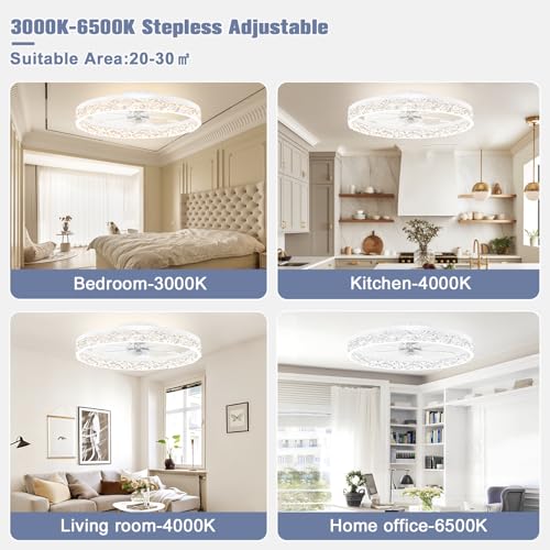 Image of VOLISUN Fandelier Ceiling Fans with Light, 23.6in Low Profile Ceiling Fan with Light and Remote, 3000K-6500K Dimmable Bladeless Ceiling Fan Flush Mount, White Modern Ceiling Fan with Light for Bedroom