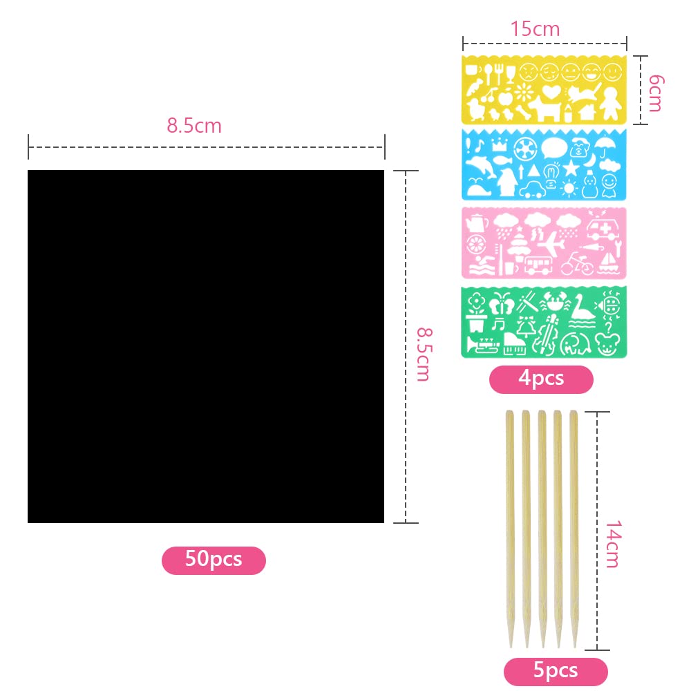 Vicloon Carte à Gratter Enfant 50pcs Feuilles à Gratter Papier avec Règles de Gabarit Dessin Stylets Bois 8.5x8.5cm
