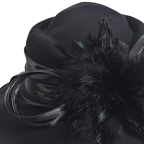Forbusite Women Black Wool Felt Dress Party Hats For Fall, Winter Church Hats 1920S 1950S (Wide Brim With Feather) #TOP3