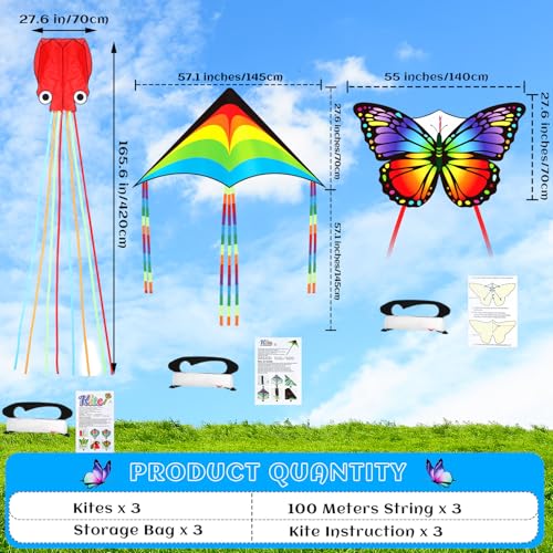Silipull 3 Pack Large Flying Animal Kites for Adults with Reel and String Butterfly Octopus Rainbow Color Kites for Beach Outdoor Park Game Activities by Silipull - Image 2