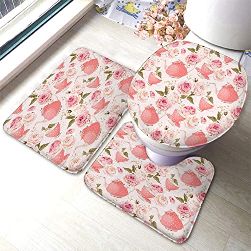Badezimmerteppich-Set, 3-teilig, Vintage-Stil, Teetassen mit Rosen, Romantisches Shabby-Chic-Design, waschbare Badteppiche, rutschfest, mit Rückenpolster, Konturteppich und Toilettendeckelbezug