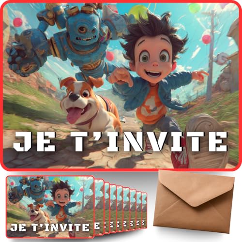 NOZHAM 10 Einladungskarten zum Kindergeburtstag + bedruckte Umschläge – Thema [Einhorn/Hund/Roboter] – Postkartenformat – Premium-Papier 350 g/m² (Junge Abenteuer – Ich begrüße dich!)