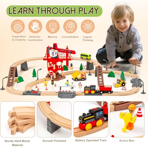 86PCS Wooden Train Set for Toddlers 3-5, Wooden Train Track Set with Magnetic Crane, Construction Train Toys Compatible with Thomas, Brio, IKEA Melissa & Doug, STEM Educational Gift for Kids — view 3