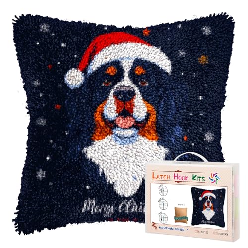 Latch Hook Pillow Kits for Adults Merry Christmas Bernese Mountain Dog DIY Pillow Cover Printed Pillowcase Crochet Yarns Hooking Handmade Cushion for Home Sofa Decoration 17x17inch(7)