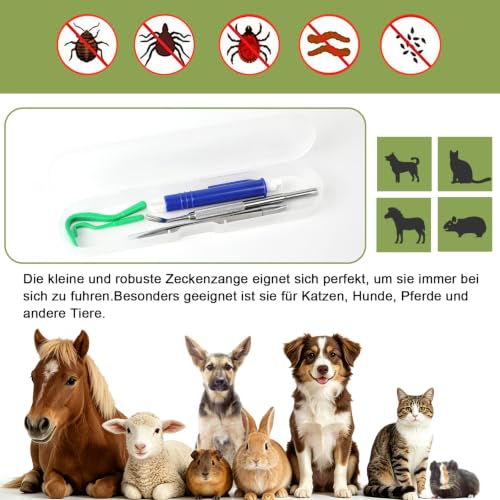 Nepfaivy 5er Zeckenzange für Hunde Katze - Zeckenzangen Set mit 2 Zeckenhaken, 2 Zeckenzangen Metall und 1 Zeckenpinzette, Einfacher und Sicherer Zeckenentferner für Haustier