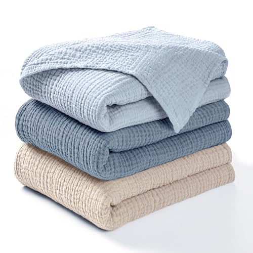 Image of Dreamology Muslin Swaddle Blankets Boy,Girl,100% Cotton Swaddle Blankets,3 Pack,Receiving Blanket for Unisex, Soft, Breathable Swaddle Blanket,Large 44 x 44 inch Cotton Blanket | Blue,Light Blue,Ecru