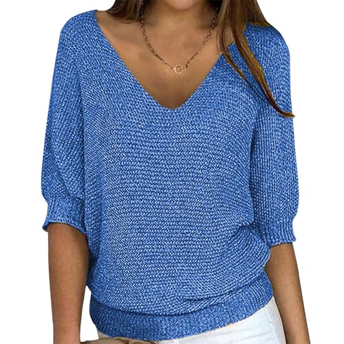 Lightweight Crochet Knit Sweaters for Women V Neck 3/4 Long