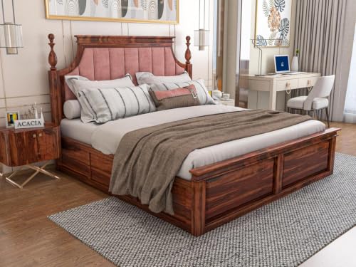 Image of Craft Wooden King Size Bed with Storage | Double Bed Cot Bed with Box Storage & Pink Colour Upholstered Cushioned Headboard for Bedroom, Solid Wood Sheesham, Honey Finish