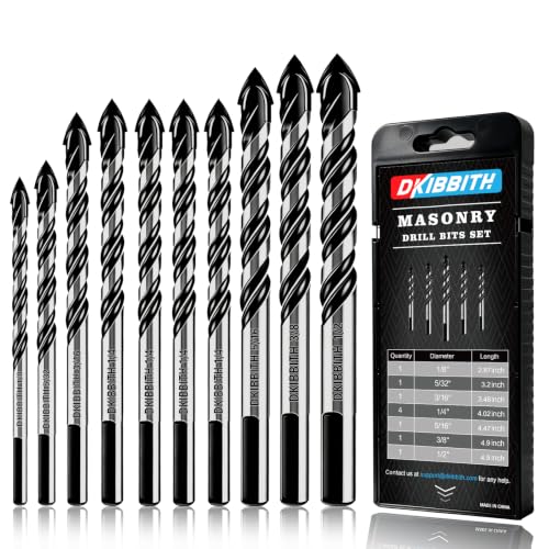 10-Piece Masonry Drill Bit Set for Concrete Tile Glass Ceramic Brick,1/8 to 1/2 Inch Drilling Bits with Triangle Handle,Tungsten Steel Alloy Tip.（Black）