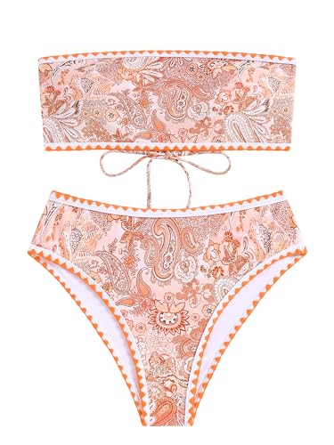 Image of ZAFUL Women Strapless Textured Bandeau Bikini 2 Piece Swimwear Cheeky Solid Lace up Bathing Suits
