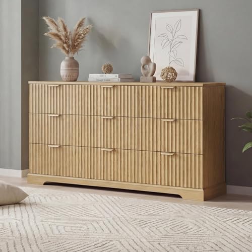 Image of Wooden 9 Drawer Dresser for Bedroom, Fluted Dresser with Storage and Metal Handle, Modern Chest of Drawers for Living Room, Entryway, Natural Oak