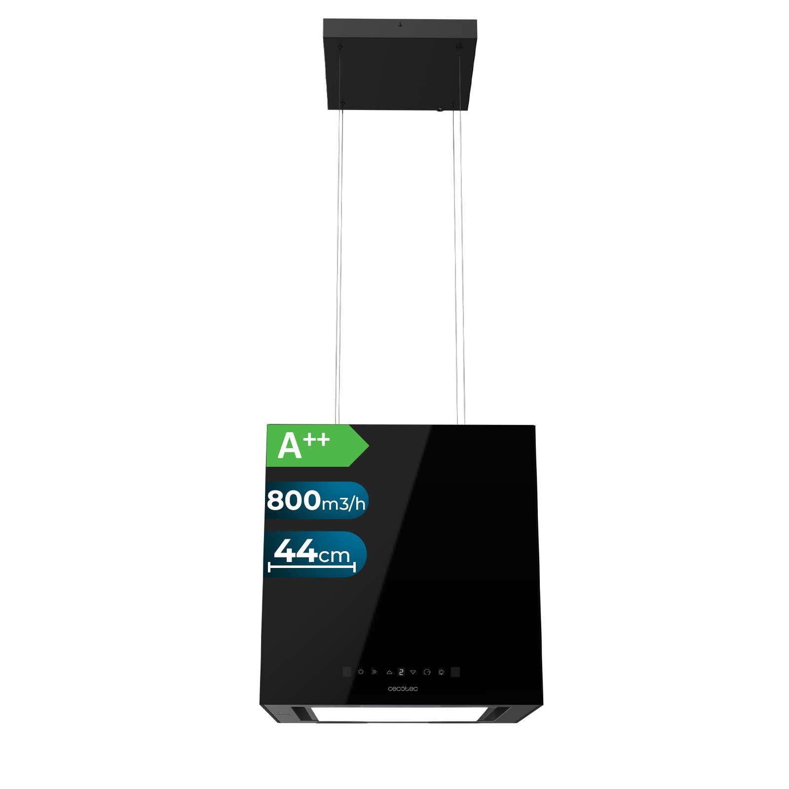 Cecotec Hotte Aspirante 44cm îlot Carré Bolero Flux Cct 448000 Glass Black A++. Finition Verre Noir, Aspiration 800M3/H, Moteur 210W, 3 Puissances, Filtre Charbon