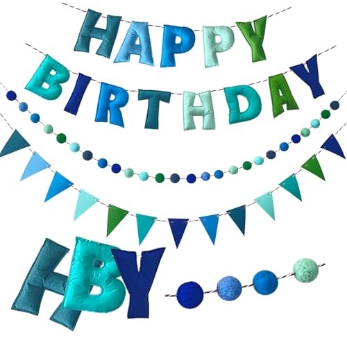 Danduolai Cartel de feliz cumpleaños preencordado, guirnalda de bolas de fieltro, decoraciones de cumpleaños arcoíris, letrero personalizado para decoración de fiestas, accesorio de fotos (azul con